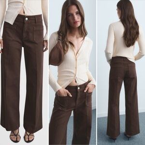 MANGO MNG Jessie Patch Pocket Wide Leg Jeans, Chocolate Brown, 0